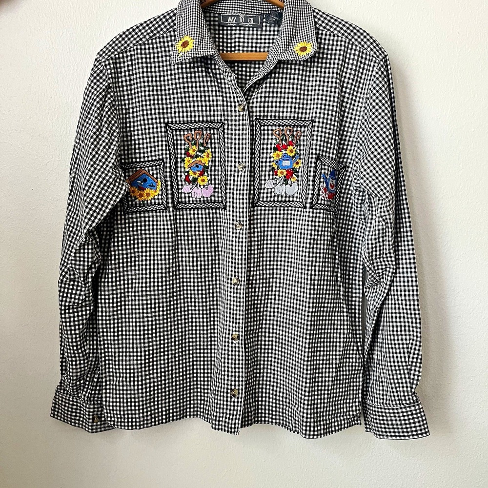 80s 90s black white gingham embroidery birdhouse long sleeve button top garden M